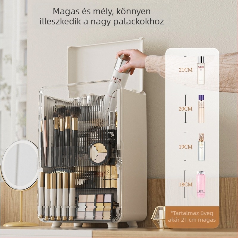 Asztali kozmetikai tároló doboz rúzs szervezővel – könnyed lux stílus, nagy kapacitás, műanyag kivitel, porálló, testreszabható