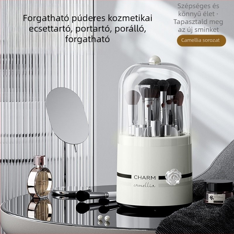 Kozmetikai ecset és rúzs tároló doboz forgó porálló hengerrel – műanyag, nyomtatott logó, testreszabás elérhető, 2024. május megjelenés, retro stílus