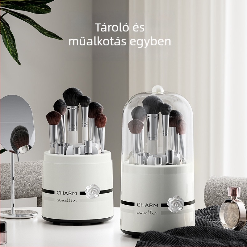 Kozmetikai ecset és rúzs tároló doboz forgó porálló hengerrel – műanyag, nyomtatott logó, testreszabás elérhető, 2024. május megjelenés, retro stílus