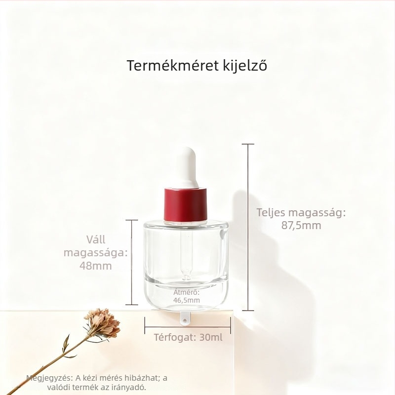 Kézzel fújt üvegből készült cseppentővel ellátott üveg, cilindrikus, sík vállú; felületi kezelések: spray bevonat, forró nyomtatás, elektroplakálás; testreszabható lehetőségek.