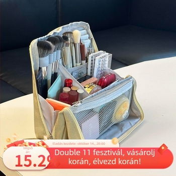 Nagy kapacitású kozmetikai táska, álló kivitel, felosztott rekeszekkel, hordozható és vízálló, Oxford szövettel készült