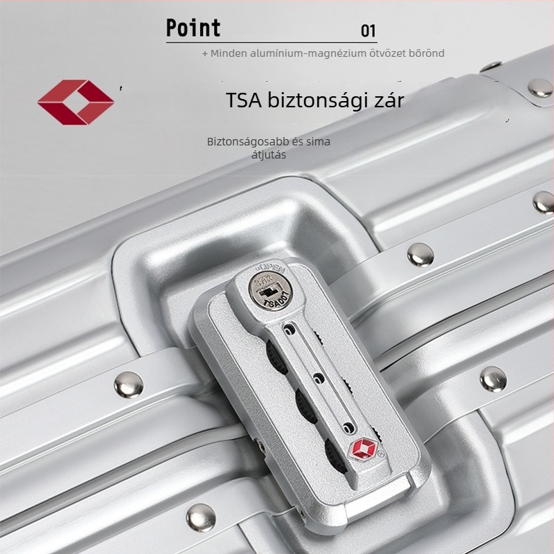 Úti bőrönd alumíniumötvözetből, TSA kombinációs zár, repülőgép-típusú kerekek, ultrakönnyű, belső nylon bélés, súlya körülbelül 2 kg