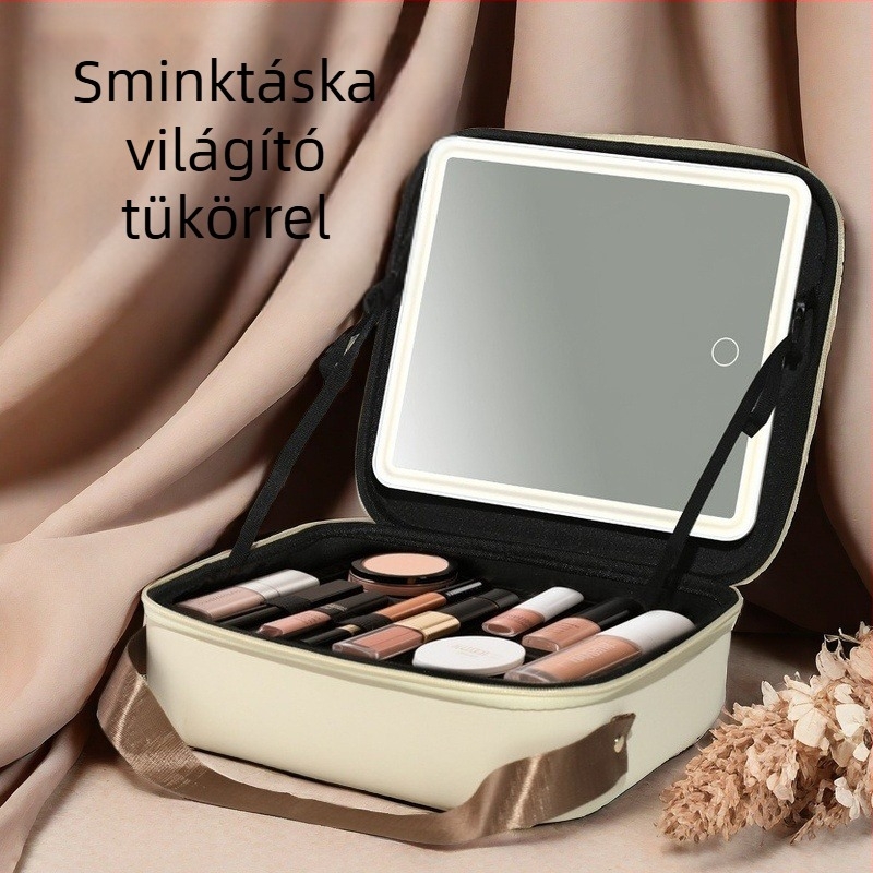 Tükrös sminktáska LED világítással, nagy kapacitású utazótáska, könnyű EVA anyag, USB-port