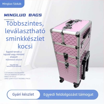 Stúdiósm makeup művészek számára háromrétegű fém gurulós táska – húzókarral, univerzális kerekekkel, zárható, bővíthető réteg, EVA belső
