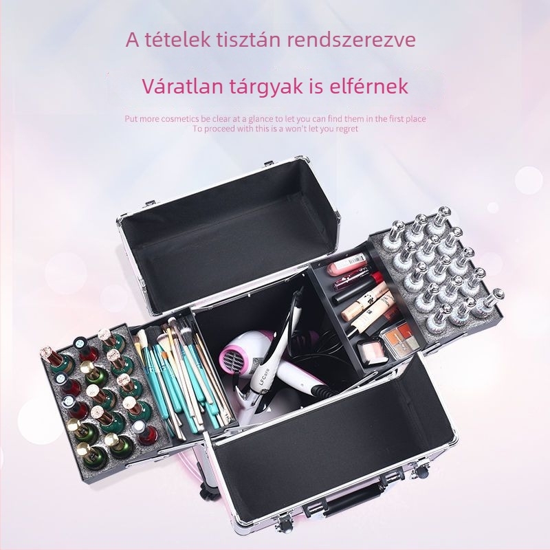 Szakmai sminktáska görgőkkel, hordozható, nagy kapacitású, zárható, manikűrre, tetoválásra és fodrászatra
