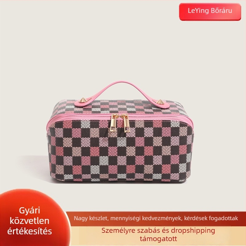 PU kozmetikai táska, kockás minta, bélés poliészter, városi minimalist stílus, vízálló