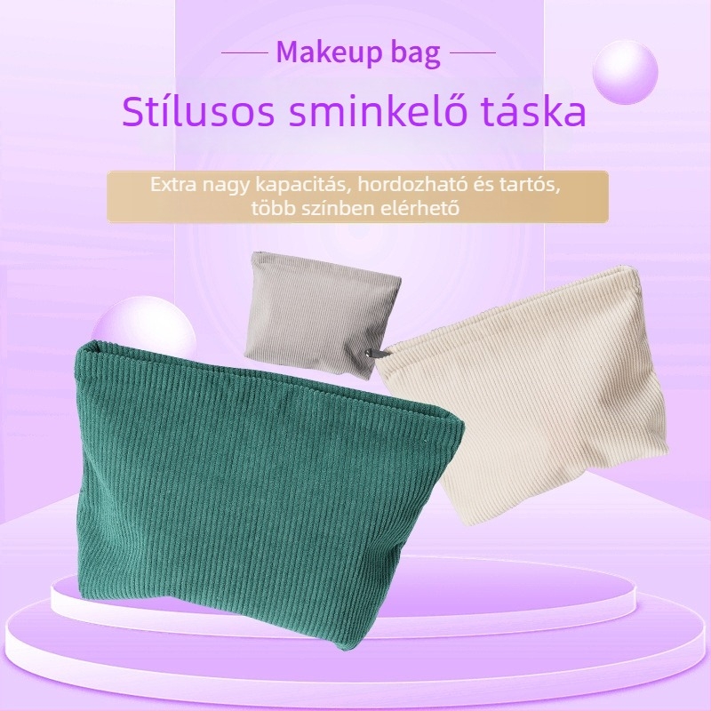 Corduroy kozmetikai táska, városi egyszerű stílus, szatén bélés, dupla cipzár