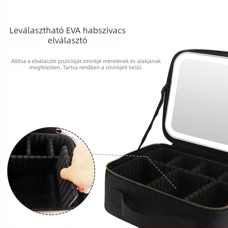 Sminktáska tükrökkel és LED világítással — PU bőr, uniszex, mindennapi használatra
