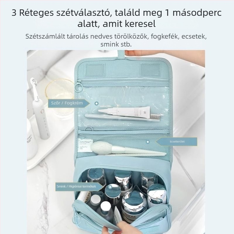 Női kozmetikai táska, nagy kapacitású, összecsukható utazáshoz, rendező a bőrápoláshoz és higiénés kellékekhez, poliészter anyagból