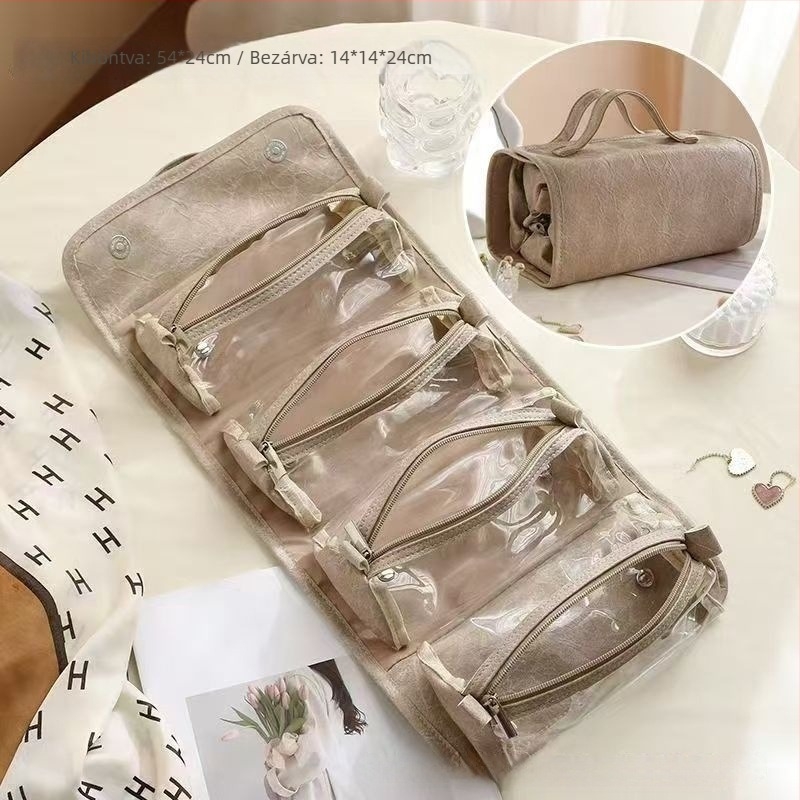 Női PU sminktáska, vízálló, összecsukható, többrétegű dizájn, nylon bélés