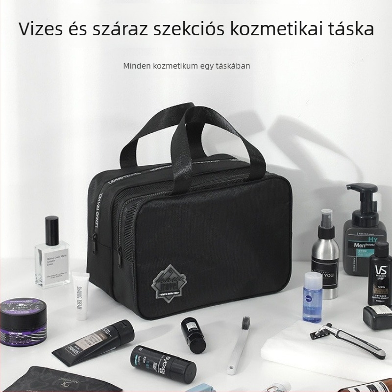 Utazó neszesszer kozmetikumokhoz, vízálló, száraz-nedves elválasztás, bővíthető, csíkos poliészter, uniszex