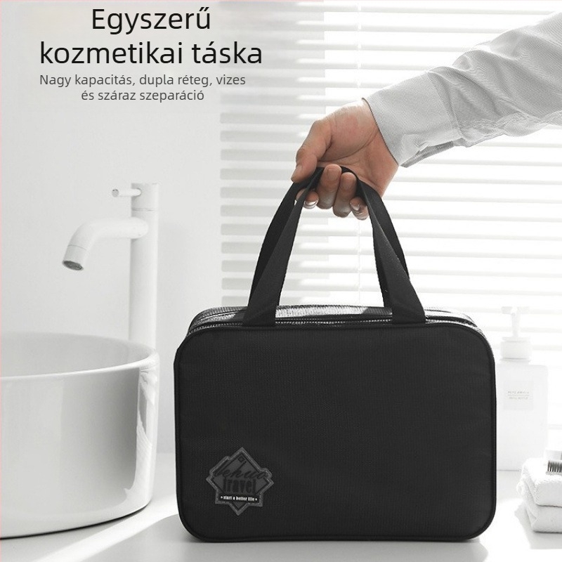 Utazó neszesszer kozmetikumokhoz, vízálló, száraz-nedves elválasztás, bővíthető, csíkos poliészter, uniszex