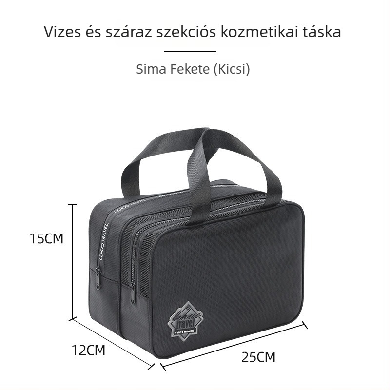 Utazó neszesszer kozmetikumokhoz, vízálló, száraz-nedves elválasztás, bővíthető, csíkos poliészter, uniszex