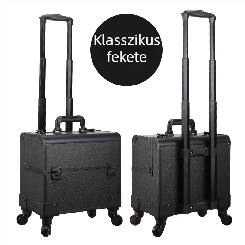 Professzionális görgős sminktároló fából készült testtel, húzórúddal, univerzális kerekekkel, alumínium keretes nyitási mechanizmussal, bővítő réteggel, nagy kapacitással, zárható