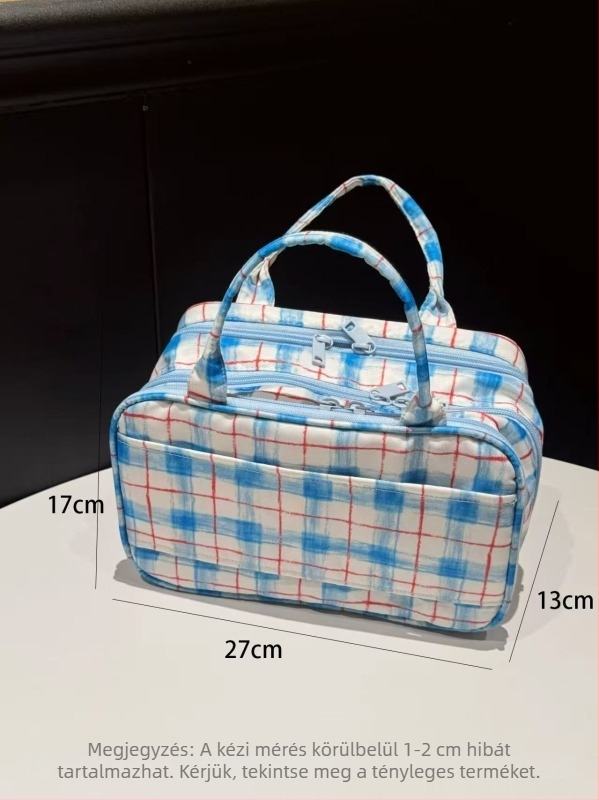 Duck Duck Háromrétegű hordozható kozmetikai táska, nagy kapacitású kockás denim utazáshoz, elegáns