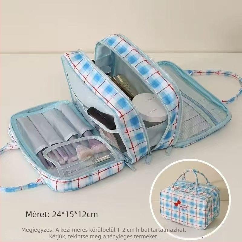 Duck Duck Háromrétegű hordozható kozmetikai táska, nagy kapacitású kockás denim utazáshoz, elegáns