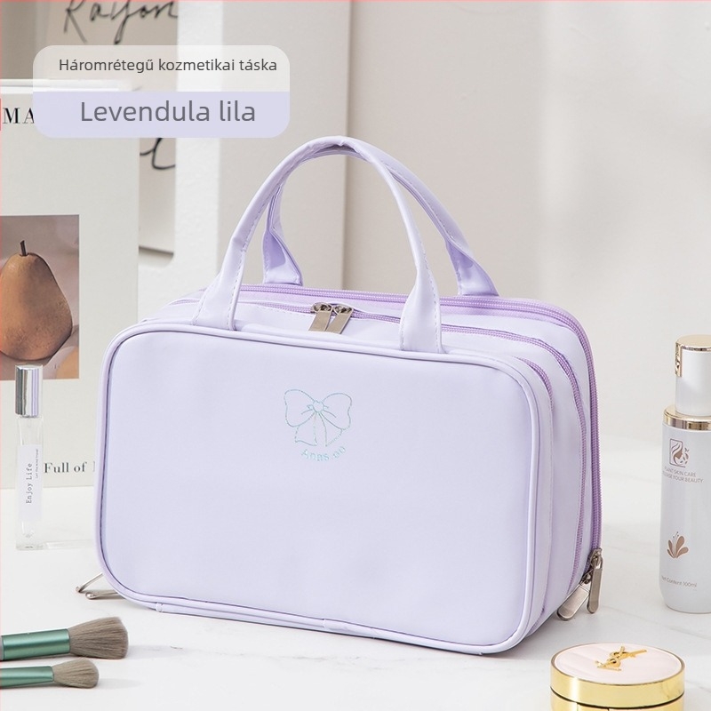 Háromrészre osztott kozmetikai táska, nagy kapacitású, PU anyag, vízálló, száraz-nedves elválasztás, belső nylon bélés