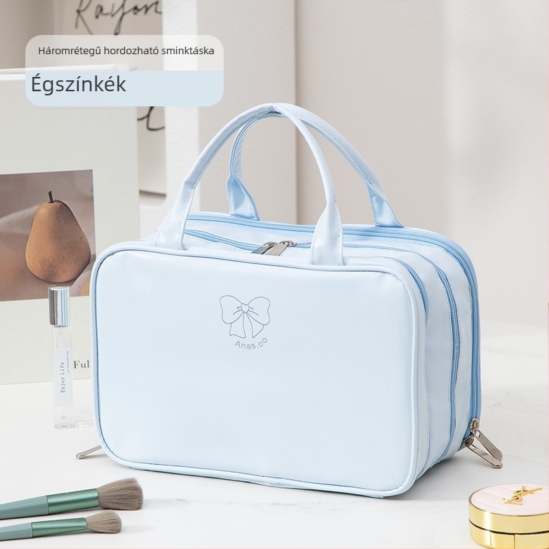 Háromrészre osztott kozmetikai táska, nagy kapacitású, PU anyag, vízálló, száraz-nedves elválasztás, belső nylon bélés