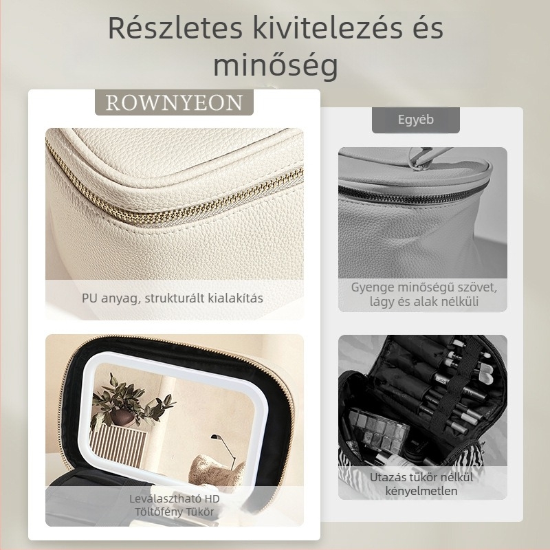 Sminktáska LED világítással és tükrökkel, elválasztott rekeszekkel, hordozható PU anyagból
