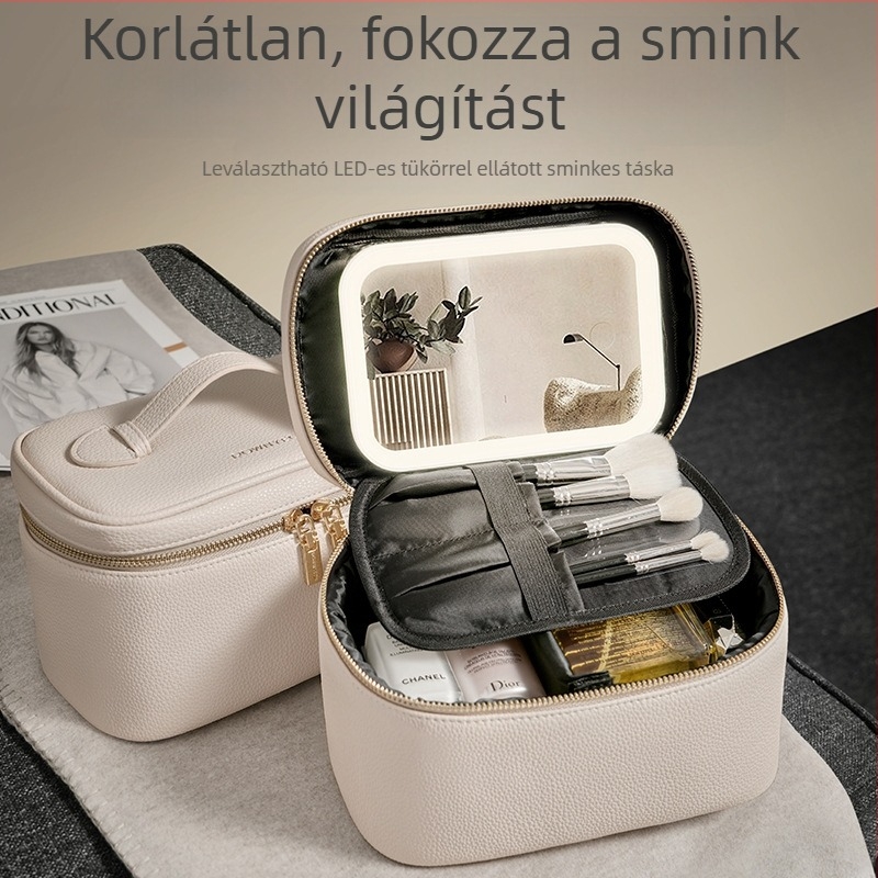 Sminktáska LED világítással és tükrökkel, elválasztott rekeszekkel, hordozható PU anyagból