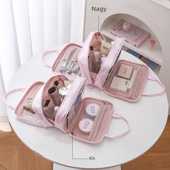 Háromrétegű hordozható neszesszer kozmetikumokhoz és toalettcikkekhez – szatén külső, nylon belső rész, vízálló, bővíthető kapacitás, cipzáras zárás