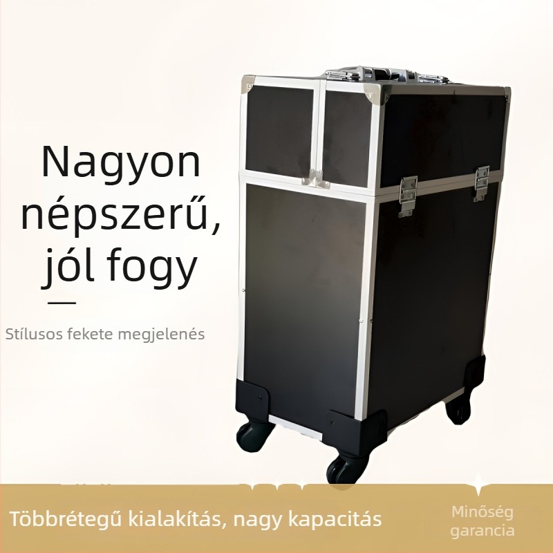 Nagy kapacitású sminkmester eszköztartó, ABS+PC, zárható, univerzális kerekekkel, vízálló, bővíthető rekeszek