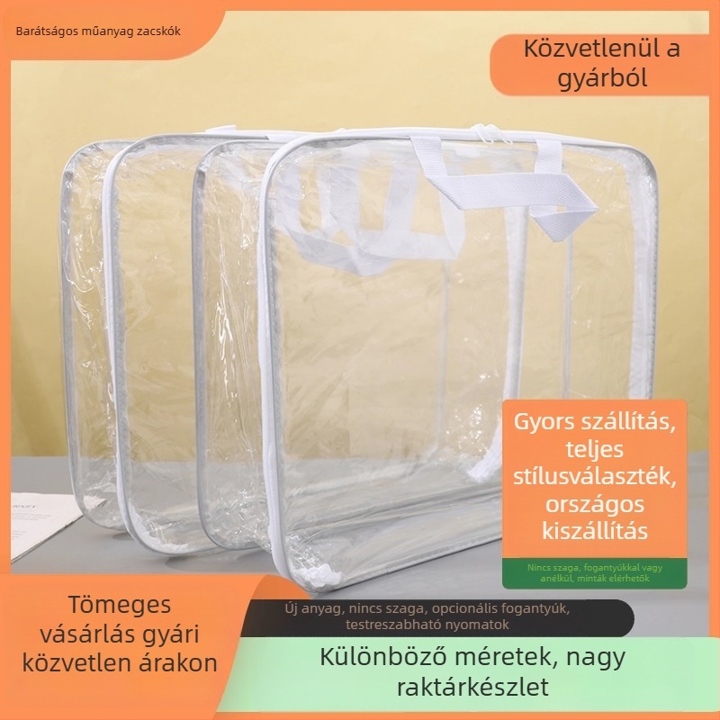Átlátszó PVC paplan-tároló tasak acélhuzalos kerettel, négy részes otthoni textil készlet, tartalmaz átlátszó cipzáras tasakot.