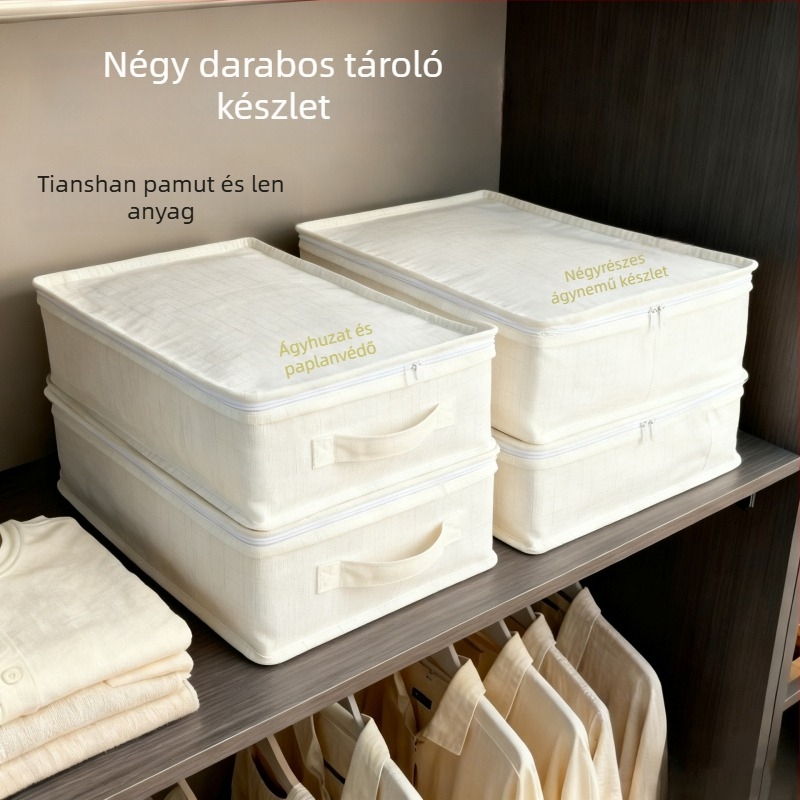 Négy darabos pamut és len anyagú ruhatároló táska készlet, összecsukható gardrobszervező, utazáshoz, hálószobához és nappaliba.