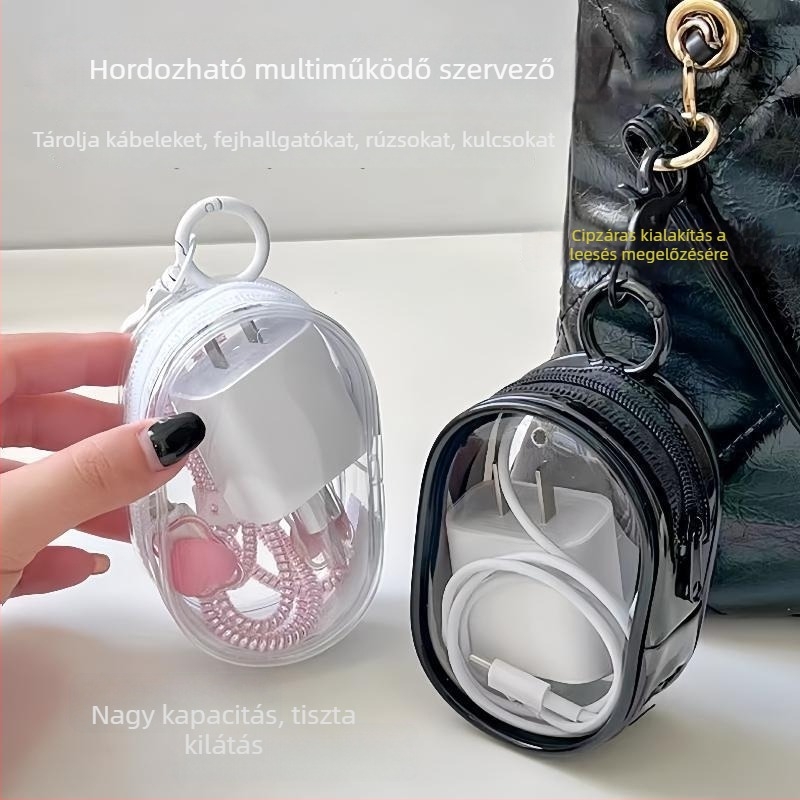 Utazási adatkábel-tároló táska — hengeres formájú, PVC anyag, többfunkciós, modern minimál stílus, utazásokhoz.