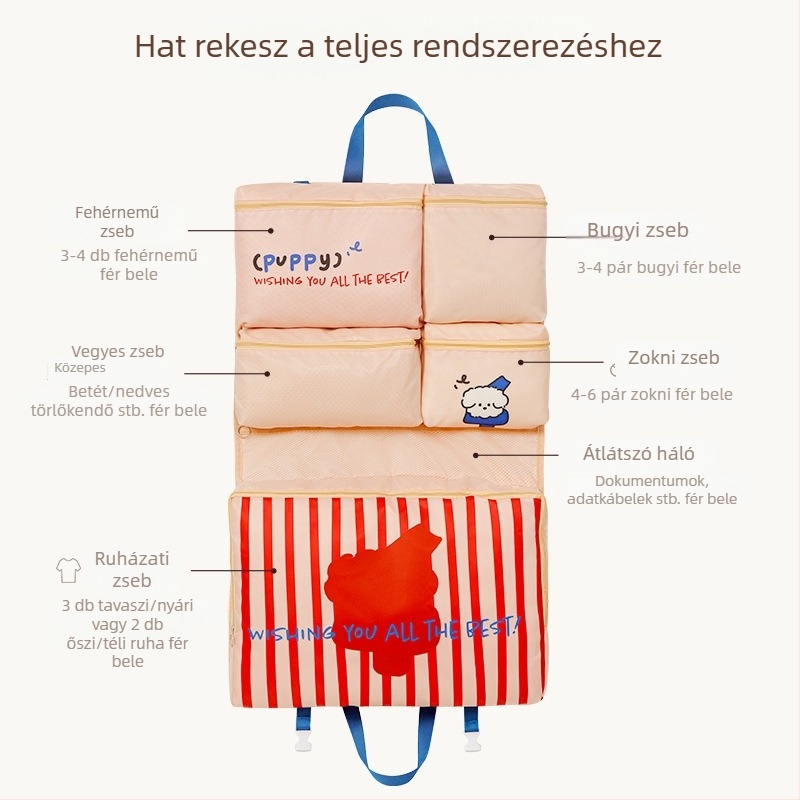6 az 1-ben utazási tároló táska, vízálló, hordozható, összecsukható, ruhák akasztására szolgáló rendező, poggyász rendező