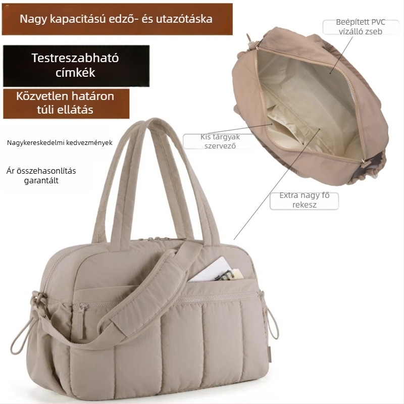 Utazó Tote táska, bélelt, nagy kapacitású 36–55 L, poliészter, száraz–nedves elválasztás, vízálló, belső nylon bélés