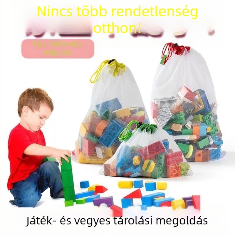 Átlátszó baba-játék tároló táska húzózsinórral, poliészterből, patchworkpanelek, kis építőelemekhez és egyéb apró tárgyakhoz