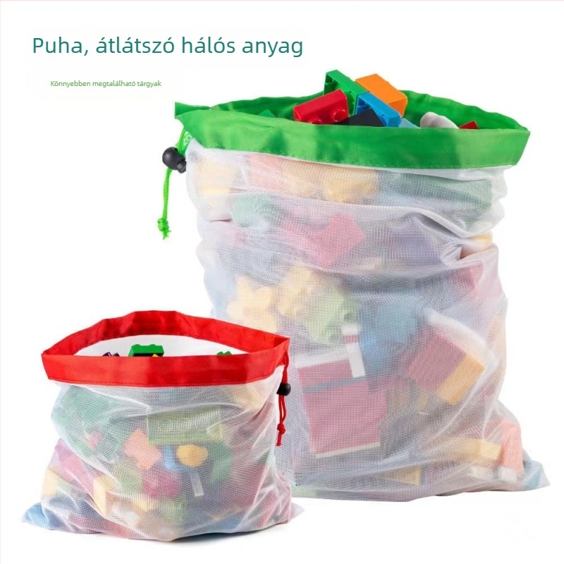 Átlátszó baba-játék tároló táska húzózsinórral, poliészterből, patchworkpanelek, kis építőelemekhez és egyéb apró tárgyakhoz