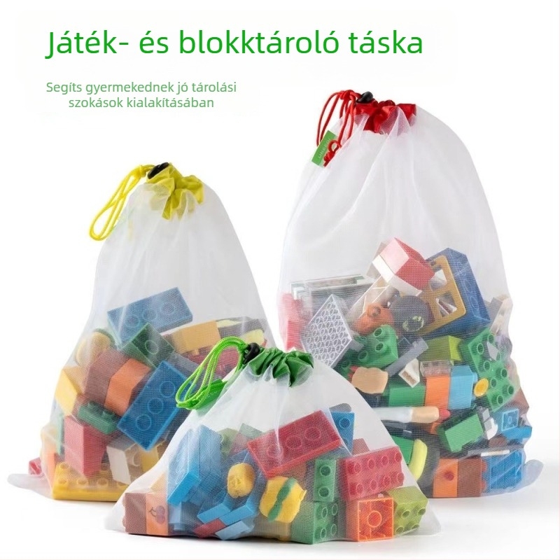 Átlátszó baba-játék tároló táska húzózsinórral, poliészterből, patchworkpanelek, kis építőelemekhez és egyéb apró tárgyakhoz