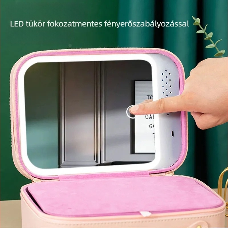LED-es megvilágítású, merev sminktáska, kocka alakú kozmetikai tároló tükrökkel, utazáshoz
