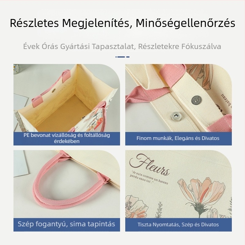Flórás vászontáska laminált nyomtatással, nagy kapacitású, testre szabható logóval, alj és oldalak kivitelével