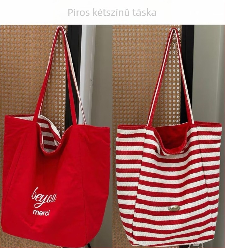 Csíkos, kétoldalas vászon tote táska, lazító stílus, függőleges négyszögletes forma, nyitott felső, dupla vállpánt