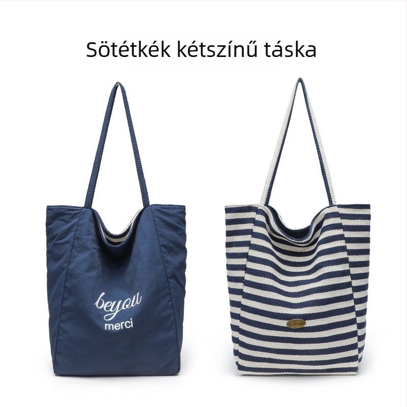 Csíkos, kétoldalas vászon tote táska, lazító stílus, függőleges négyszögletes forma, nyitott felső, dupla vállpánt