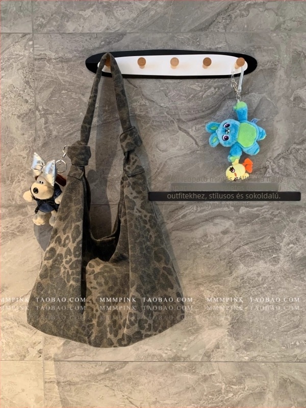 Japán ihletésű retro leopard mintás vászontáska vállon, csomózáras, nagy kapacitású, telefonzsebbel