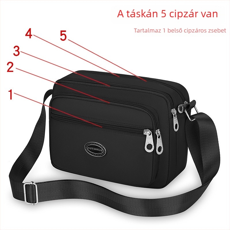 Női crossbody táska Oxford anyagból, vízszintes négyszögletes forma, cipzárral záródó, belső cipzáros zseb