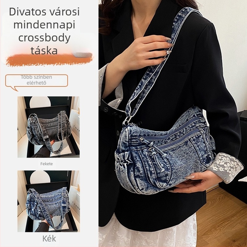 Denim anyagú crossbody táska, front zsebbel, cipzárral és belső telefontároló zsebbel