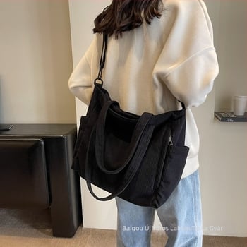 Laimai Corduroy Tote Bag – japán stílus, Instagram-stílus, több zsebbel; cipzár, poliészter bélés, vízszintes négyzet alakú forma, zseb a telefonhoz és ID-hez
