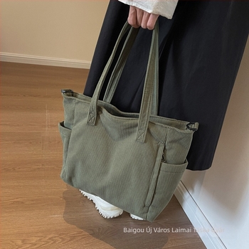 Laimai Corduroy Tote Bag – japán stílus, Instagram-stílus, több zsebbel; cipzár, poliészter bélés, vízszintes négyzet alakú forma, zseb a telefonhoz és ID-hez