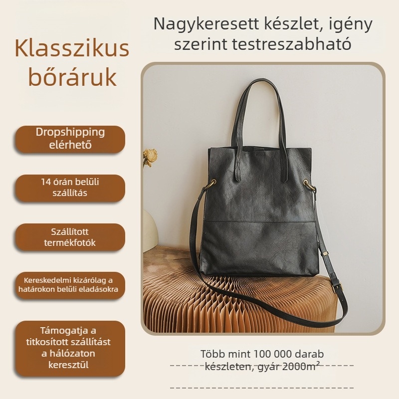 Valódi bőr női válltáska, városi minimalizmus, függőleges négyzetes forma, mágneses zárás, belső cipzáras zseb és telefonzseb