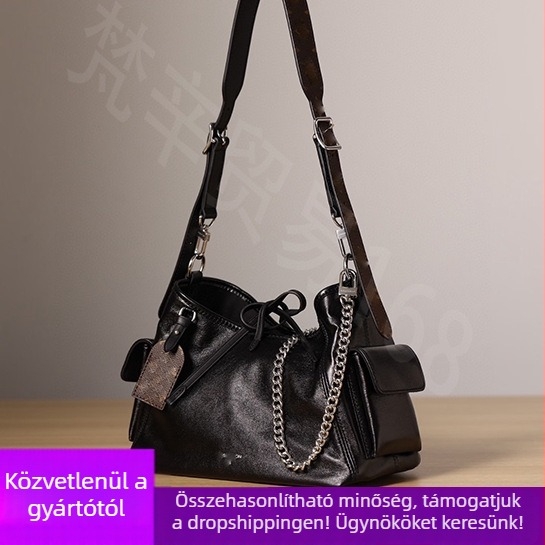Valódi bőrből készült bucket-stílusú crossbody táska PU bélésű belső zsebes laminált cipzárral és dupla vállpánttal