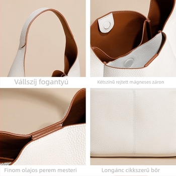 Valódi bőrből készült bucket bag, első réteg marhabőrből, vízszintes négyzetes forma, mágneses zár