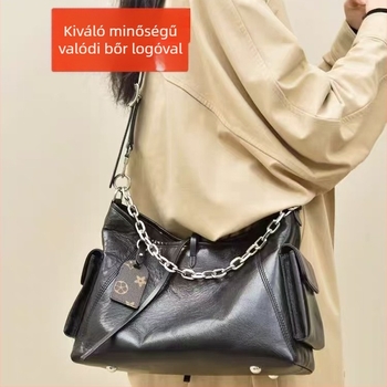 Fekete bőr Carryall táska motorkerékpár-stílusban, nagy kapacitású, láncos vállpánt
