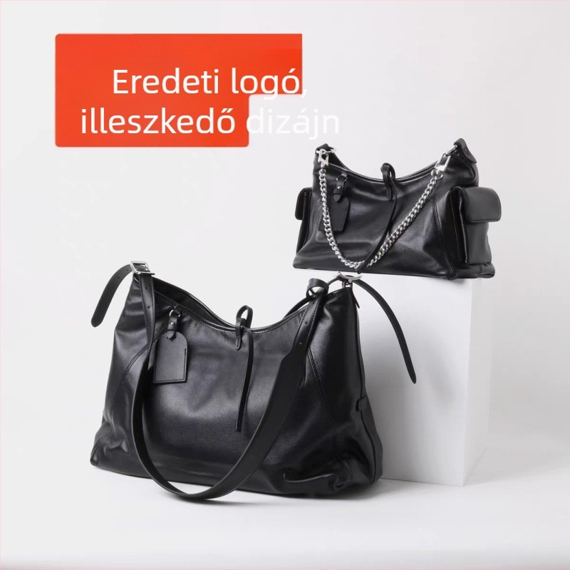 Fekete bőr Carryall táska motorkerékpár-stílusban, nagy kapacitású, láncos vállpánt