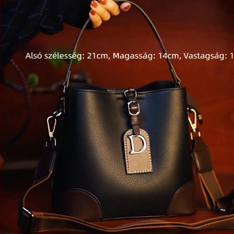 Női PU bőr bucket bag, vízszintes négyszög alakú, cipzáras nyitás, nagy kapacitás, egy vállpánt