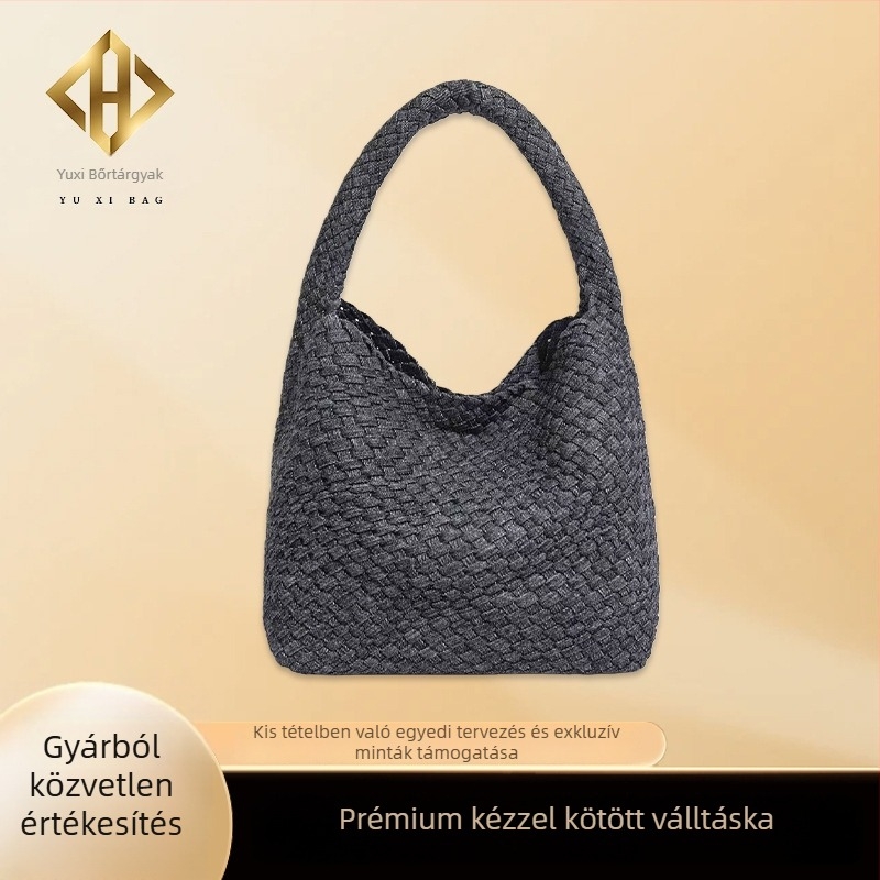 Kézzel szőtt vödör alakú táska Oxford anyagból, mágneses zár, telefontartó zseb, nyitott külső zseb